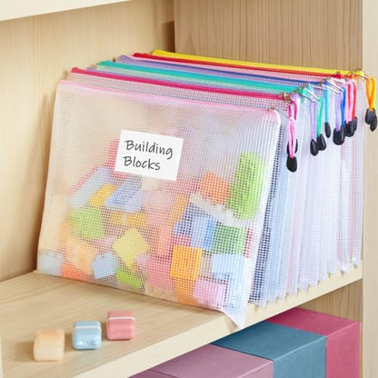 Sooez 32 Pack Mesh Zipper Pouch Bags, A4 Letter Size, Zipper Bags with Label Pocket, Waterproof Pouches for Classroom Organizer, Board Game Toy Storage, Document Bag for Teacher School Office Supplies - style: 32 Pack