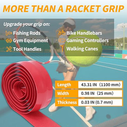 2 Pcs Tennis Racket Grip Tape, Dry Tennis Overgrip Tape, Anti-Slip Absorbent Grip, Racket Overgrip Tape - color: Red, size: Textured-43.3"x1"x0.03"