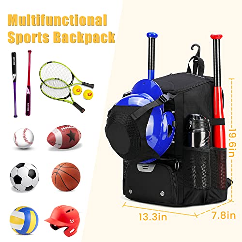Softball Bag, Baseball Equipment Backpack for Youth Girls Adult, Lightweight With Shoe Compartment, Fence Hook for TBall, Bat, Helmet