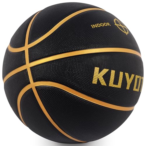 KUYOTQ Kids Youth Adult Size 3/4/5/6/7 (22/25.5/27.5/28.5/29.5") Basketball Premium Rubber or Faux Leather Basketball Indoor Outdoor Basketball for Boys Girls Womens Mens Basketball Gifts (Deflated) - color: Black-Gold Thickened Rubber, size: Size 7 Adult