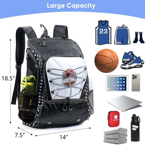 Basketball Bag Backpack with Ball Compartment & Shoe Pocket – Gym Bag for Basketball, Soccer, Football, Volleyball – Large Capacity Athletic Backpack for Youth & Adults, Basketball Gifts - color: Black
