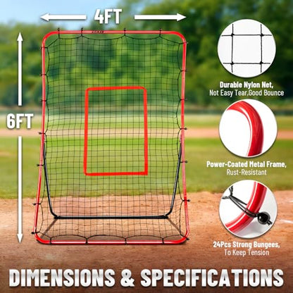Durable Baseball Rebounder Net, 6x4 FT Pitchback Nets 5 Angles Simulate Grounder,Pop Fly,Line Drive,Softball Rebounders for Pitching,Fielding,Catching Solo Practice,Rebound Net with Strike Zone