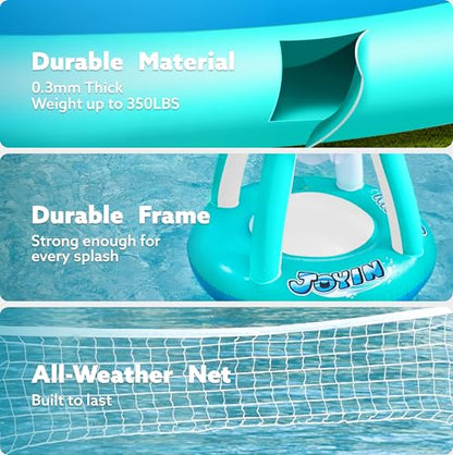JOYIN XL Inflatable Pool Float Set, 125'' Volleyball Net & Basketball Hoops, Extra Large Floating Swimming Game Toy for Kids and Adults, Summer Floaties, Volleyball Court|Basketball, XL-Blue, Cyan - color: Blue Cyan, size: X-Large