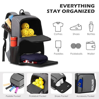SDLINR Pickleball Bag Fits 4+ Paddles, Large Pickleball Backpack with Shoe Compartment and Fence Hook,Pickleball Gifts for Men Women - color: Gray