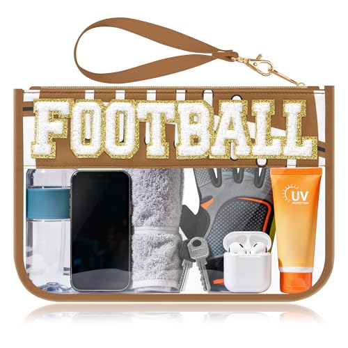 BuyCard Football Gifts Makeup Bag with Chenille Letter Patch, Clear Cosmetic Pouch PVC Organizer Purse, Waterproof Travel Bag, Portable Toiletry Storage Bag for Her Friends - color: Brown-Football