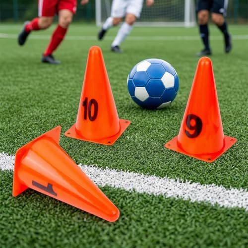 BENECREAT 10PCS Set Numbered Traffic Cones, 5.12x5.12x9.06 inch Length Orange Practice Markers, Durable PVC Sport Training Cones with Numbers for Soccer Football Agility Drills
