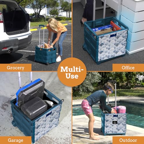 Inspired Living Ultra-Slim Rolling Collapsible Storage Pack-N-Roll Utility-carts, with Telescopic Handle, for Home, Garden, Shopping, Office, School use, Large, Blue, Wave Print