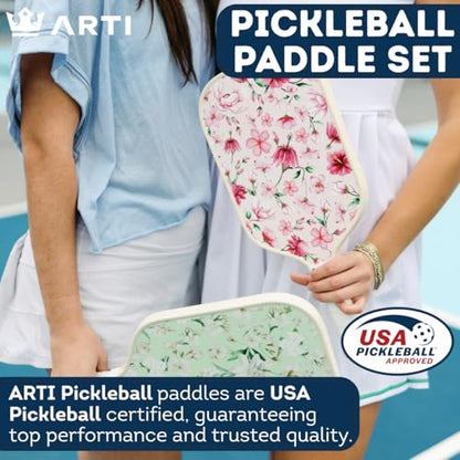 ARTI Pickleball Paddles Set of 2-USAPA Approved Fiberglass Surface Pickleball Set,2 Pickleball Rackets, 4 Balls and 1 Portable Carry Bag - color: Flower Pink And Green