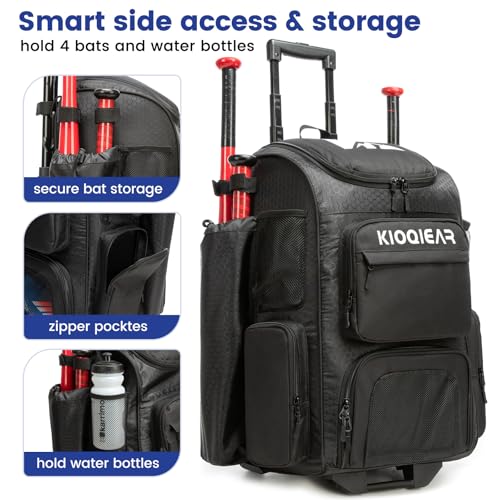 Rolling Baseball Bag with Wheels,Large Softball Bag with Fence Hook for 4 Bats & Equipment,Lightweight Baseball Bat Bag with Shoe Compartment. - color: Black