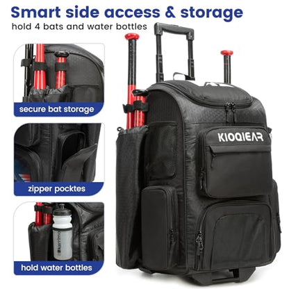 Rolling Baseball Bag with Wheels,Large Softball Bag with Fence Hook for 4 Bats & Equipment,Lightweight Baseball Bat Bag with Shoe Compartment. - color: Black