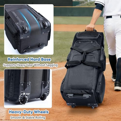 Rolling Baseball Bat Bag with Wheels, Large Capacity Gear Bag Holds 4 Bats, Reinforced Hard Base & Structured Back Panel, Top & Bottom Grab Handles, Shoe & Helmet Compartments for Youth &Adult Players - color: Black