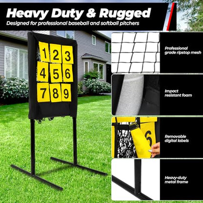 FAHKNSHeavy-Duty Pitching Net, 9 Hole Pitching Net with Strike Zone Removable Digital Targets,3 Height Adjustable Throwing Trainer for Baseball & Softball with Ball - color: black