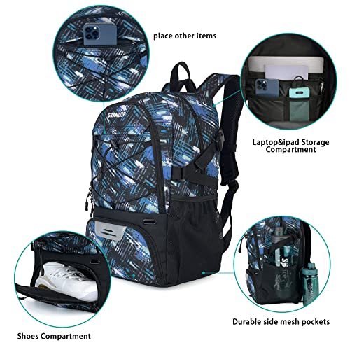 GRANDUP Basketball backpack with ball and shoes compartment Fit Volleyball, soccer, Swim, Gym, Travel, and School, large capacity sports training equipment bags - color: blue art