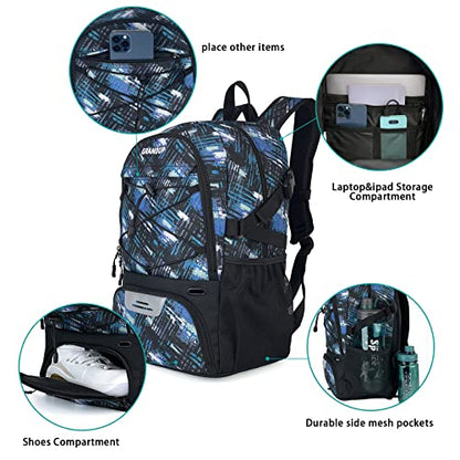 GRANDUP Basketball backpack with ball and shoes compartment Fit Volleyball, soccer, Swim, Gym, Travel, and School, large capacity sports training equipment bags - color: blue art