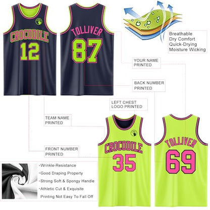 Custom Reversible Basketball Jerseys Men Youth, Personalized Sports Shirts Team Uniforms Printed Name Logo Number - color: Navy Blue and Fluorescent Green - Pink