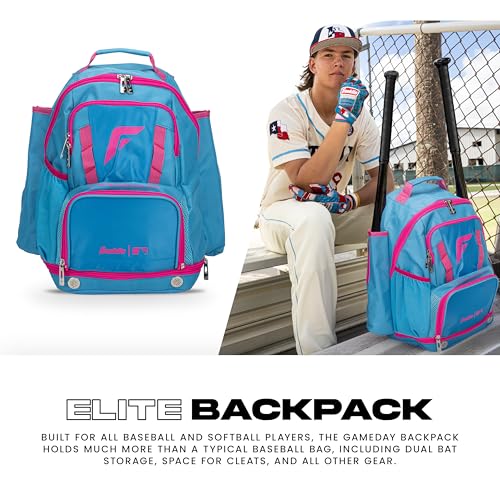 Franklin Sports Gameday Baseball + Fastpitch Softball Backpacks - Adult + Youth Bat Bags for Equipment - Waterproof Batpacks - color: Blue/Pink