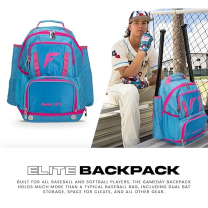 Franklin Sports Gameday Baseball + Fastpitch Softball Backpacks - Adult + Youth Bat Bags for Equipment - Waterproof Batpacks - color: Blue/Pink