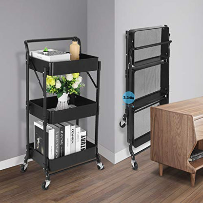 Foldable 3 Tier Metal Utility Rolling Cart, Folding Mobile Multi-Function Storage Trolley Organizer Cart for Home Library Office(Black) - color: Black