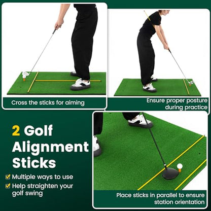 Goplus Golf Mat, 5x3ft/5x4ft Golf Hitting Mat 20/25/27/32mm Thick w/2 Alignment Sticks & 2 Golf Tees, Portable Artificial Turf Grass Training Mat Practice for Indoor Outdoor