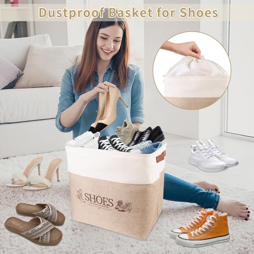 Shoe Basket Organizer, Large Capacity Fabric Entryway Shoe Storage Bin with Handle, Flodable Space-Saving Shoe Basket for Entryway, Hallway, Entryway and Mudroom - color: Khaki, style: Leather Buckle