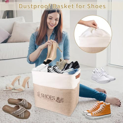 Shoe Basket Organizer, Large Capacity Fabric Entryway Shoe Storage Bin with Handle, Flodable Space-Saving Shoe Basket for Entryway, Hallway, Entryway and Mudroom - color: Khaki, style: Leather Buckle