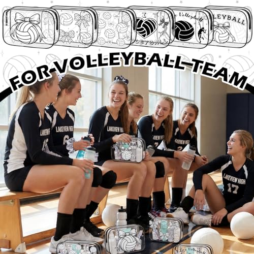 36 Pcs Volleyball Gifts for Girl 12 Black White Volleyball Makeup Bag Bulk Bow Cosmetic Bag Sport Team Gifts with 12 Sport Hair Scrunchies 12 Round Portable Folding Brush Mirror for Team