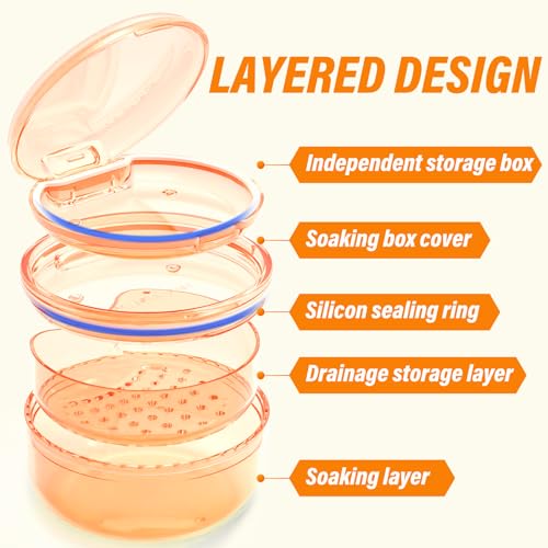 Denture Case Retainer Cleaning Case: 2 in 1 Retainer Case, No-Leak Denture Bath Box Cup, Complete Clean Care for Dentures, Clear Braces, Mouth Guard, Night Guard & Retainers - color: Orange