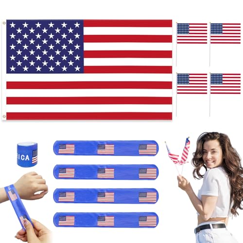 Team USA Cheering Accessories Pack 9 Pcs - 2x3 Ft American Flag, 4 Small US Flags on Stick, 4 Patriotic Slap Bracelets - USA Fan Gear Party Supplies for 2026 Soccer Event, 4th of July, Sports Bar