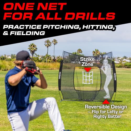 GoSports 7 x 7 ft Advanced Baseball & Softball Net with Xtraman Batter - Portable Hitting & Pitching Practice Net