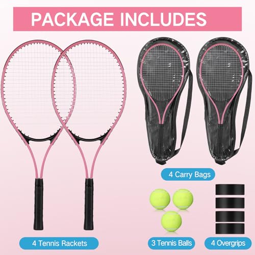 4 Pcs Tennis Rackets for Adult Recreational 4 Players 27" Tennis Racquet Lightweight Tennis Racket with 3 Tennis Balls for Training Beginners with Overgrips Carry Bag