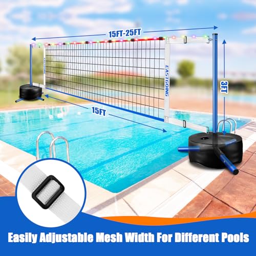Pool Volleyball Net Set with Light,Adjustable Length 15-25FT，Swimming Pool Volleyball Net System with 2 Water Volleyballs and Heavy Duty Base.