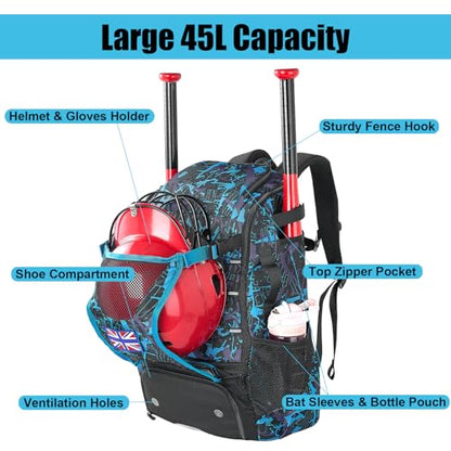 45L Youth Baseball Bat Bag, Softball Bag, Baseball Equipment Backpack Bag with Shoe Compartment - color: Blue