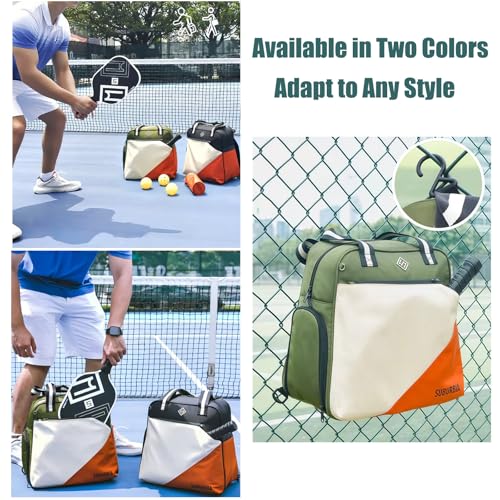 Pickleball Bag for Women Men Large Tennis Backpack for Pickleball, Tennis, Racketball, and Travel Sling Bag with Shoe Compartment and Fence Hook External Ball B-ag and Adjustable Shoulder Strap - color: Army green