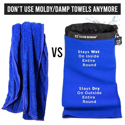 Club Scrub Towel Pro, Golf Club and Ball Cleaning Pouch with Attached Towel, Waterproof Exterior, Clean Face Technology Liner, Machine Washable, Cleans Club Grooves, Waffle-Weave Microfiber (Blue) - color: Blue