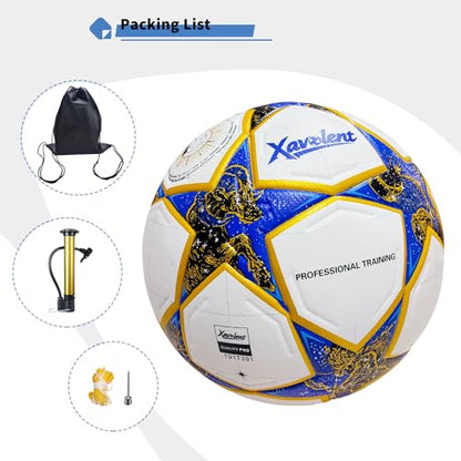 Professional Soccer Ball Size 5, Thermal Bonded Waterproof PU Match-Quality Training Ball with Pump - color: blue gold, size: size 5