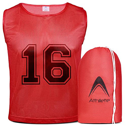 Athllete 12 pcs Duramesh Pinnies/Scrimmage Vest - Kids Youth and Adult Pinnies, Numbered Penny Jerseys for Soccer - color: Red Numbered Front/Back (13-24), size: Large