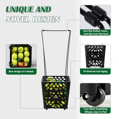 Tennis Ball Basket Tennis Ball Hopper with Wheels | 60 Balls Capacity Lightweight Collector | No-Bend Hands-Free Ball Retrieval Tool for Training & Court Use