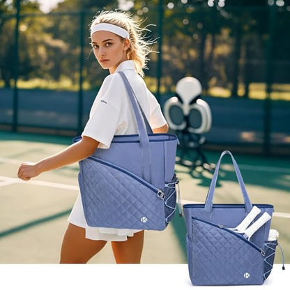Pickleball Tote Bag for Women with Fence Hook, Quilted Pickleball Bag Holds 3-4 Paddles with Shoe Compartment & Wet Pocket - color: Blue