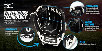Mizuno Prospect Select Fastpitch Softball Glove Series | Full Grain Leather | Female Specific Patterns | Buttersoft Palm Liner - color: Tartan Flex Web - Black/White