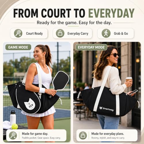 Smartway Pickleball Tote Bag for Women, Stylish Tennis Bag with Detachable Paddle Pocket, Waterproof Large Capacity Court Shoulder Bag for Gym, Daily & Weekend Trips, Men Ideal Pickleball Gifts - color: Black