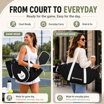 Smartway Pickleball Tote Bag for Women, Stylish Tennis Bag with Detachable Paddle Pocket, Waterproof Large Capacity Court Shoulder Bag for Gym, Daily & Weekend Trips, Men Ideal Pickleball Gifts