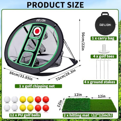 Golf Chipping Net and Mat Set - Pop Up Foldable Indoor Training Target with 2 Hitting Mats and 12 Practice Balls - Gifts for Men, Golfers, Teenage Boys
