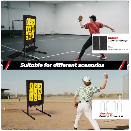 FAHKNSHeavy-Duty Pitching Net, 9 Hole Pitching Net with Strike Zone Removable Digital Targets,3 Height Adjustable Throwing Trainer for Baseball & Softball with Ball - color: black