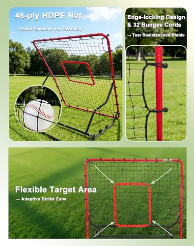 Baseball Rebounder Net Weighted Steel Frame Baseball Net 4 Adjustable Angles Anti-Skid Baseball Bounce Back Net with Flexible Target Webbing & 8 Stakes for Volleyball Softball Lacrosse (48x52inch)