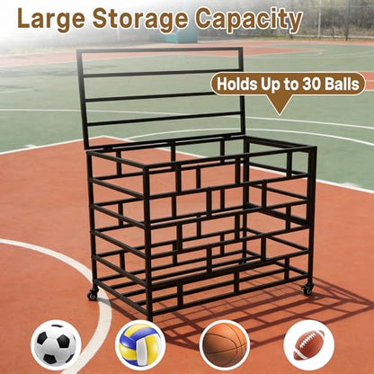 Ball Storage Cart, Lockable Rolling Basketball Storage Bin & Organizer with Wheels, Secure Sports Exercise Ball Cart Holder for Gym, School, Club, Indoor Outdoor Use
