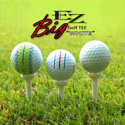 BIRDIE79 Big Easy White Golf Tee Set – 0.75" Big Head 3.25" Adjustable Height Tees, Reinforced Break-Resistant Construction, 6-Prong Low-Friction Design, Silicone Stoppers (12 Tees + 12 Stoppers).