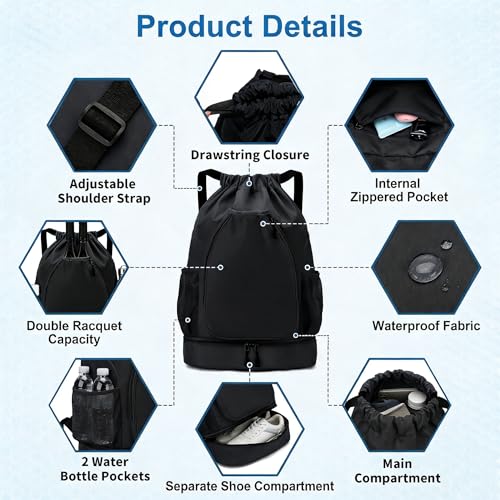 Pickleball Bag with Shoe Compartment & Water Bottle Pocket, Adjustable Pickleball Equipment Backpack for 2 Paddles, Large Capacity Pickle Ball Paddle Bag for Women & Man, Black