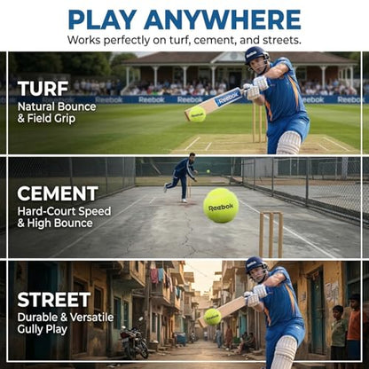 Reebok Tennis Balls for Cricket (Pack of 12) | Ideal for Tournament, Street & Gully Cricket | Durable Practice Balls for All Grounds