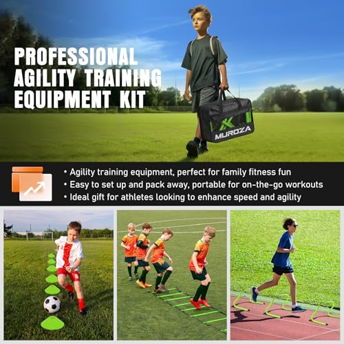MUROZA Agility Ladder, Agility Speed Training Equipment Set, 20ft Speed Ladder, 12 Soccer Cones, 4 Hurdles, Jump Rope, Running Parachute, Soccer Football Basketball Training Equipment Accessories - color: Green