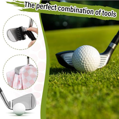 Liliful Pink and White Checkered Golf Towel Pink Cleaner Water Brush Set, Microfiber Waffle Towel Golf Accessories Kit Club Supplies for Birthday Valentine's Day Women Ladies Gifts